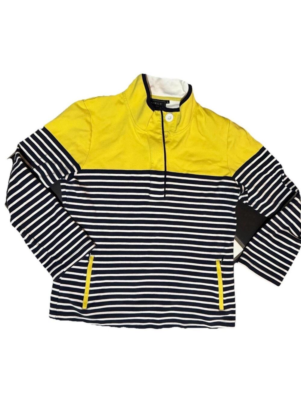 Orly womens Pullover Sweater Sz L Yellow Blue & White Striped Nautical sea